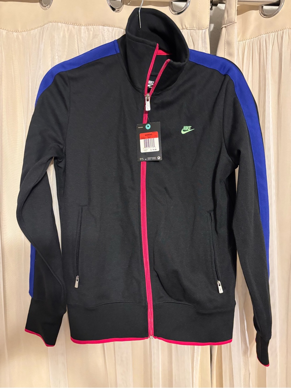 Nike Black Track Jacket with Blue Stripe & Pink Trim; ladies size large